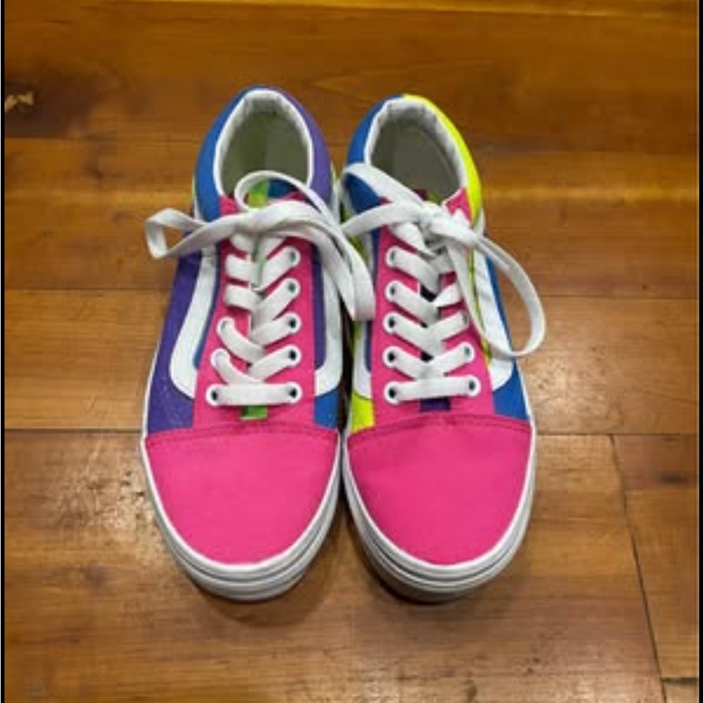 VANS Old Skool Neon Color Block Canvas Leather Stripe Skate Shoe